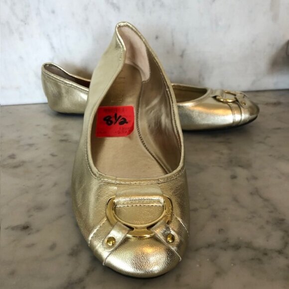 RALPH LAUREN Abigale Leather Gold Flat 8.5 B - Picture 1 of 14